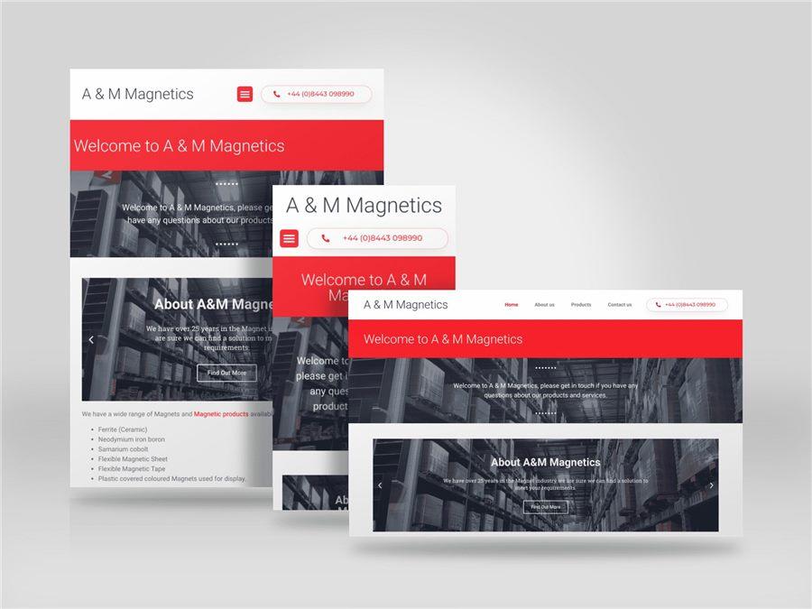 Responsive mockup showing the A&M Magnetics website on desktop, tablet and mobile