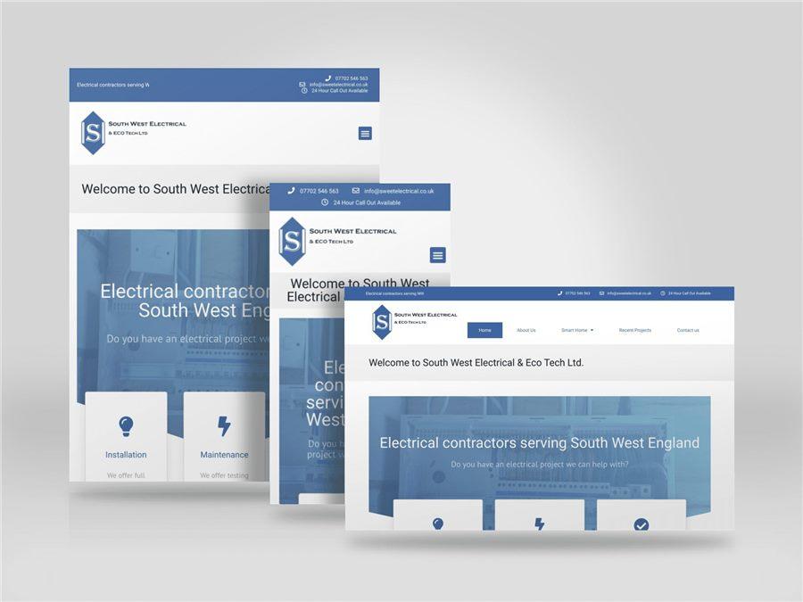 Responsive mockup showing the South West Electrical website on desktop, tablet and mobile